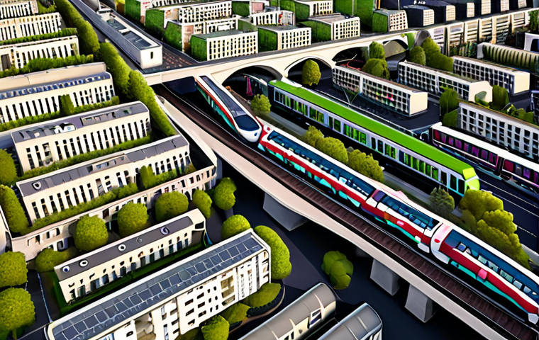 **A vibrant, bustling cityscape showcasing the challenges of urbanization in a French metropolitan area like Île-de-France. Depict dense housing, advanced public transportation systems, and green spaces struggling to coexist. The image should reflect the pressures on resources and infrastructure in a densely populated region, with a focus on the blend of modern and traditional architecture.**
