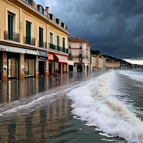 Home 6 **
Coastal city (Nice, France) flooded during a storm. Water engulfing beaches and shops. Dramatic lighting.
**