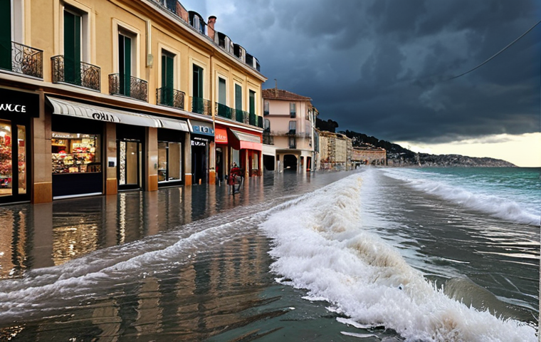 **
Coastal city (Nice, France) flooded during a storm. Water engulfing beaches and shops. Dramatic lighting.
**