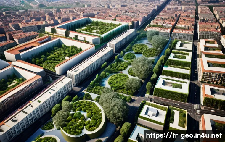 지리학적 연구 사례 - A detailed aerial view of Lyon&rsquo;s urban expansion showcasing densely packed buildings interspersed wi...