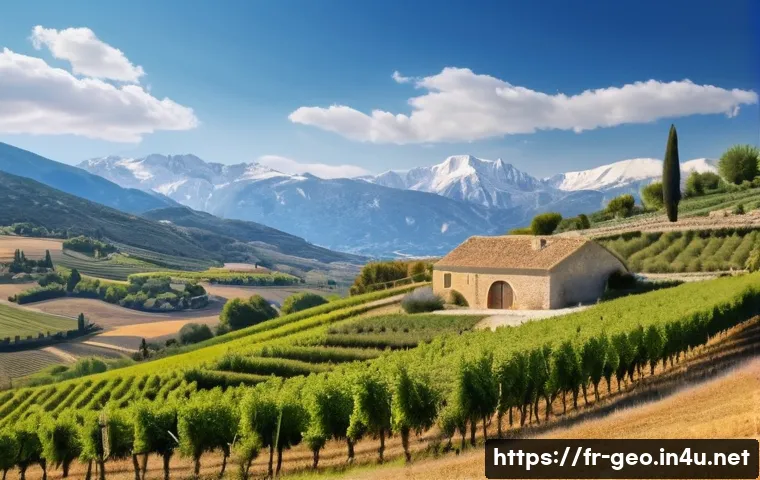 지리학 교육 - A panoramic view of diverse French landscapes showcasing the contrast between the sunny Mediterranea...